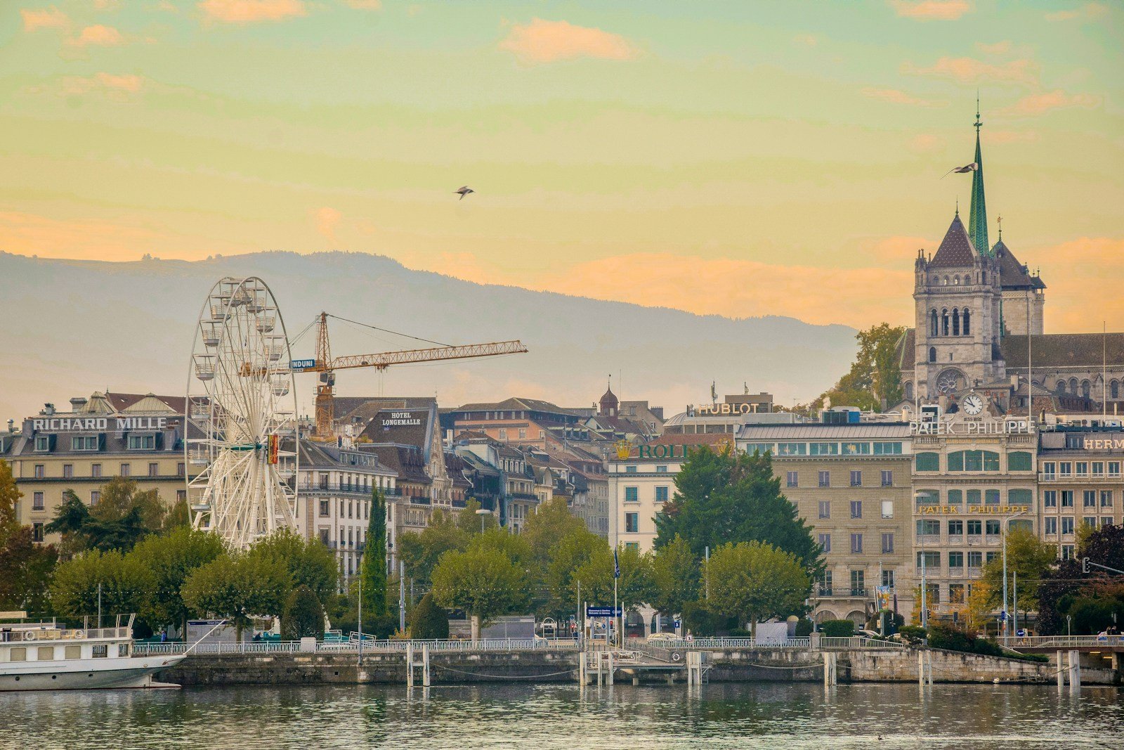 A large ferris wheel sitting next to a large body of water